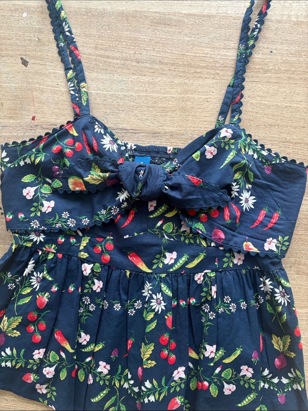 Old Navy Navy Floral & Fruit Print Tie-Front Cami